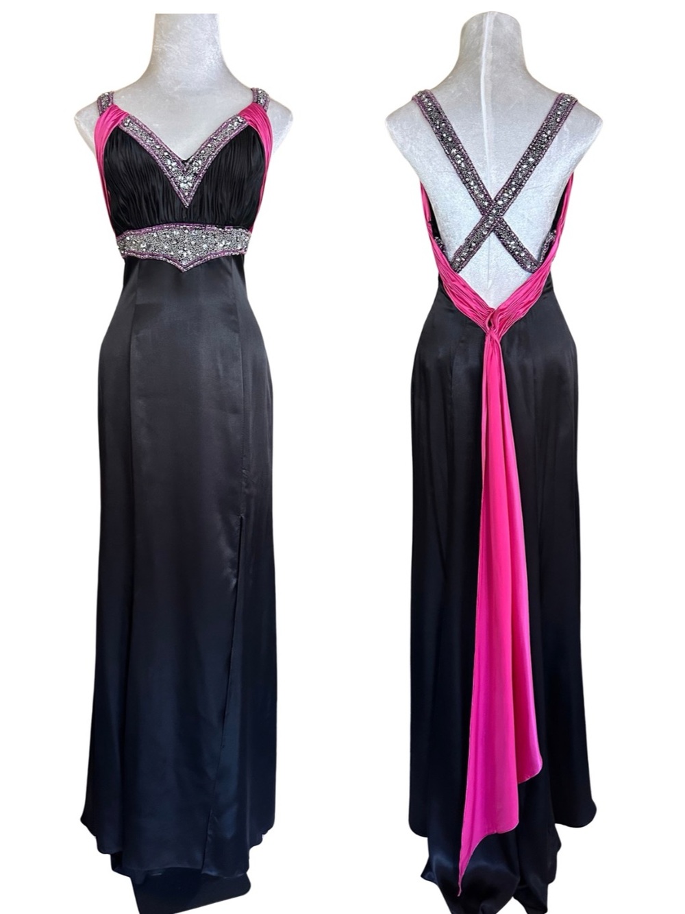 Black satin with a flash of hot pink dress